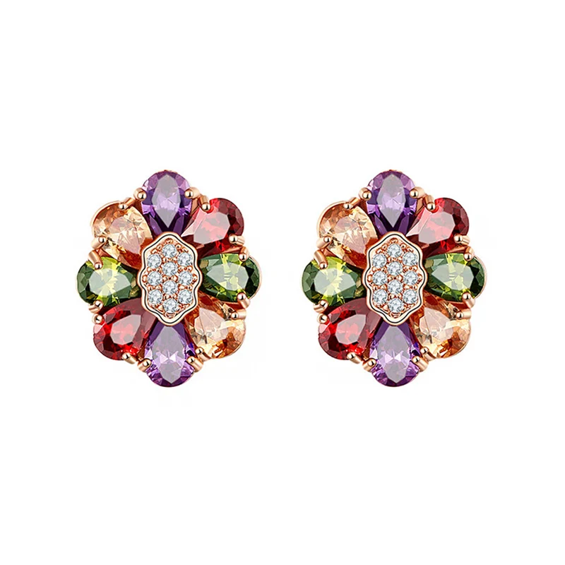 

OF-LILU Multicolor Mona Lisa Charm Rose Flowers Stud Earrings With Plump Flowers Crystal Cubic Zircon For Women Elegant Jewelry