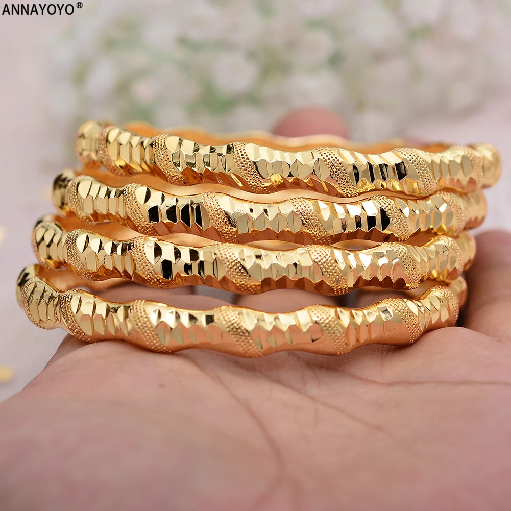 Annayoyo 4pcs New Fashion 24K Gold Color Wedding Bangles for Women Bride Bracelets Ethiopian/france/African/Dubai Jewelry gifts