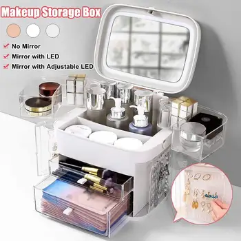 

Cosmetic Storage Box With lamp and Mirror HD led mirror makeup Organizer USB charging Dust proof lipstick jewelry storage drawer