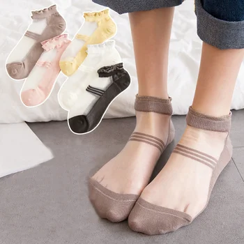

Dreamlikelin Women's Summer Thin Short Socks Japan Style Striped Cute Nylon Silk Lace Crystal Cool Socks