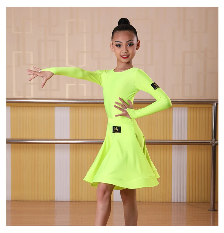 Новое неоново-зеленое латинское танцевальное платье для девочек танцевальный трико+ юбка платье для румбы тренировочная одежда костюм для соревнований платья для латиноамериканских танцев BL2531