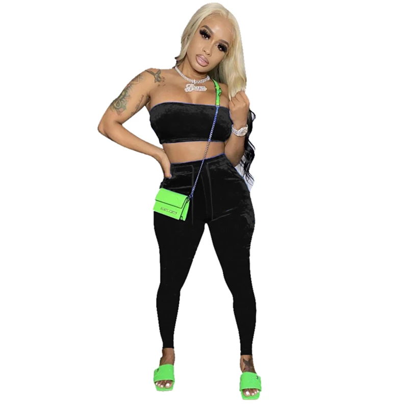 

New Arrival Casual Solid Color Velvet Wrap Crop Top and Trouser Two Piece Set
