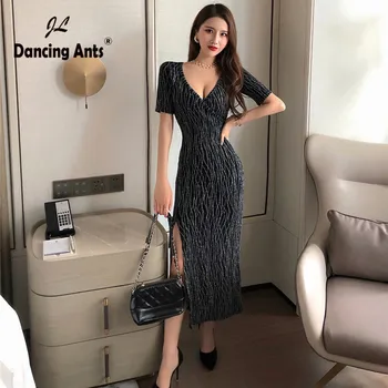 

Sexy Dress Short Sleeve Deep V-neck Black Bodycon Vestidos Office Lady Side Split Woman Fit and Flare Dresses 2020 Summer New
