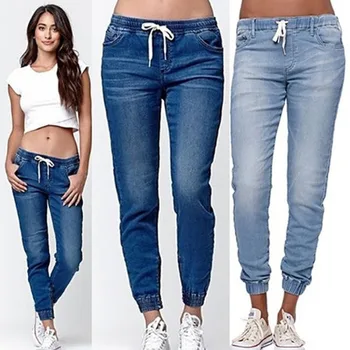 

Jeans for Women 2020 Elastic Plus Loose Denim Casual Drawstring Plus Jeans Women Pencil Skinny Solid Color Casual Pants Trousers