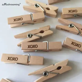 

Custom Engraved Love Picture Display Banner Clips Vintage Natural Wood Clothespins w/ Personalized Monogram Date Valentines Day