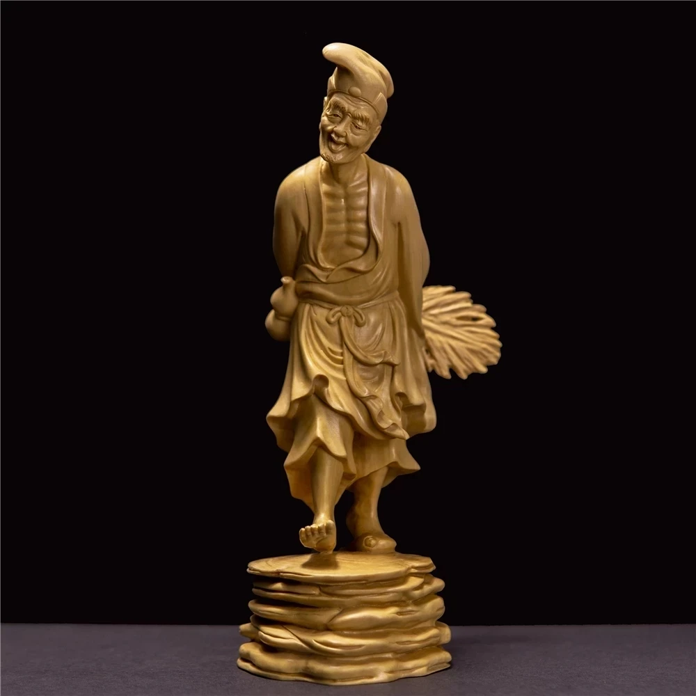 

Chinese Monk Jigong Holding A Fan Wooden Handmade Sculpture Home Decoration 8'