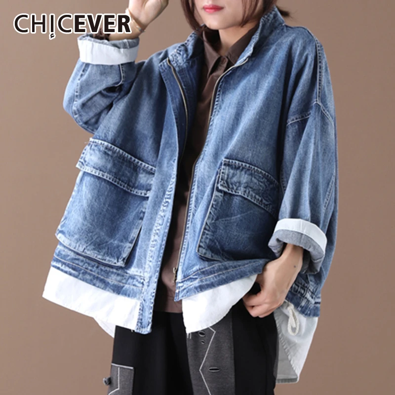 CHICEVER корейское мозаичное яркое цветное джинсовое пальто для женщин с воротником-стойкой и длинными рукавами, свободное повседневное осеннее пальто для женщин, мода