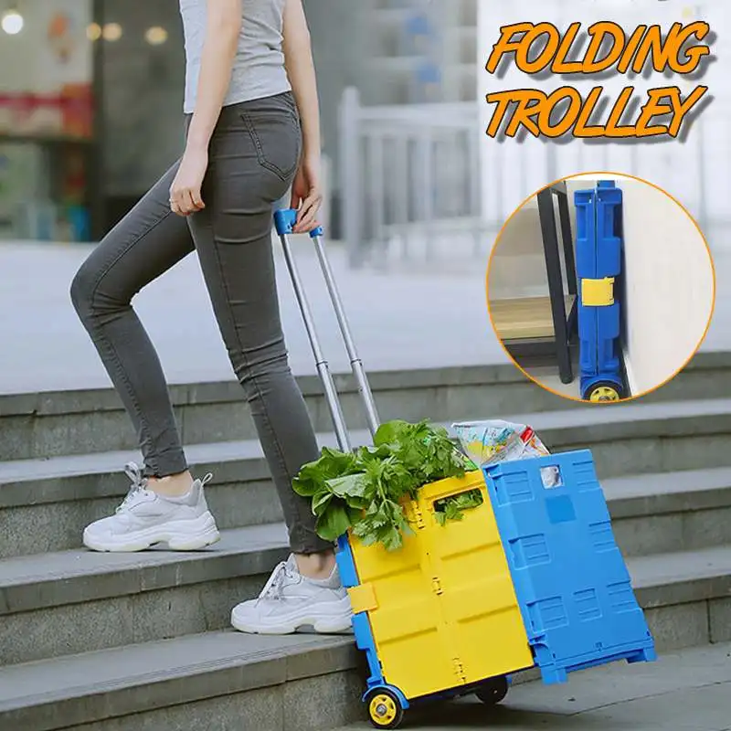 

Pratical Folding Storage Basket with Wheels Portable Shopping Trolley Cart Foldable Storage Box Sundries Organizer Case for Car