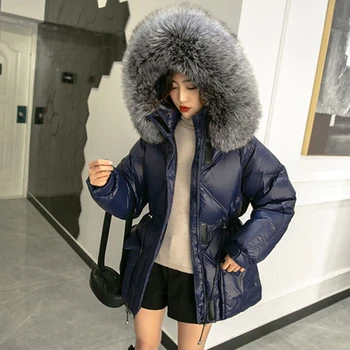 

Women Winter Down Jacket Coat Long Warm Parkas Real Natural silver fox Fur Duck Down Coat Hooded Thicken Down Parka Female