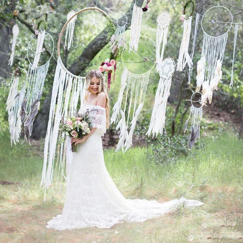 

Off Shoulder Ivory Full Lace Boho Wedding Dress Beach Garden Short Sleeve Sweep Train Plus Size Bridal Gowns Robe de mariee