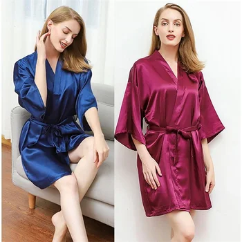 

2019 New Silk Kimono Robe Bathrobe Women Silk Bridesmaid Robes Sexy Navy Blue Robes Satin Robe Ladies Dressing Gowns