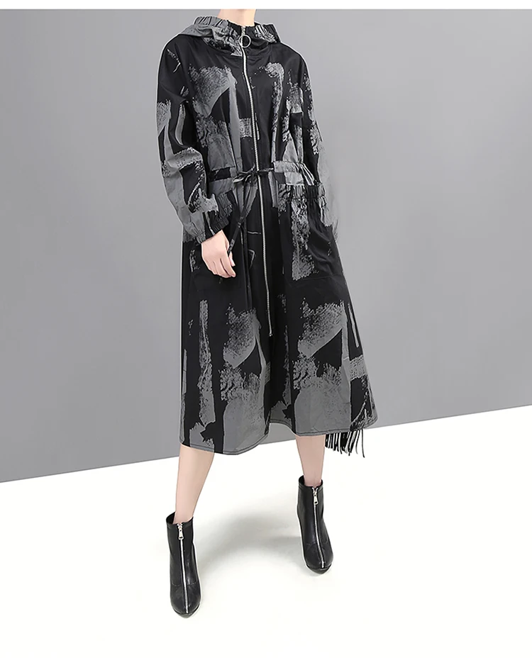 Корейский стиль зима черный галстук-краситель печати с капюшоном длинный плащ на молнии леди размера плюс Ретро длинное пальто Верхняя одежда 5665