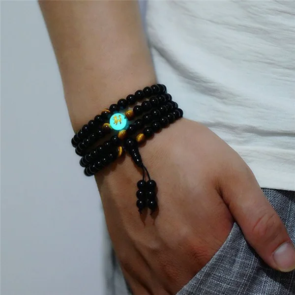 Beaded Bracelet Stone Bead Bracelet Natural Stone Bracelet 6/8mm Luminous Obsidian Bracelet Yoga Black Onyx Men Women 108 Buddha Beads Charm Tiger's Eye Bracelet Jewelry