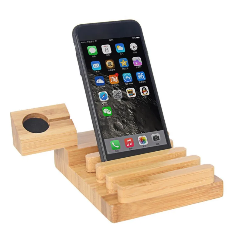  4 Slot 3 USB Ports Charging Station Phone Tablet Desk Wooden Charger Fast Charging Dock Station