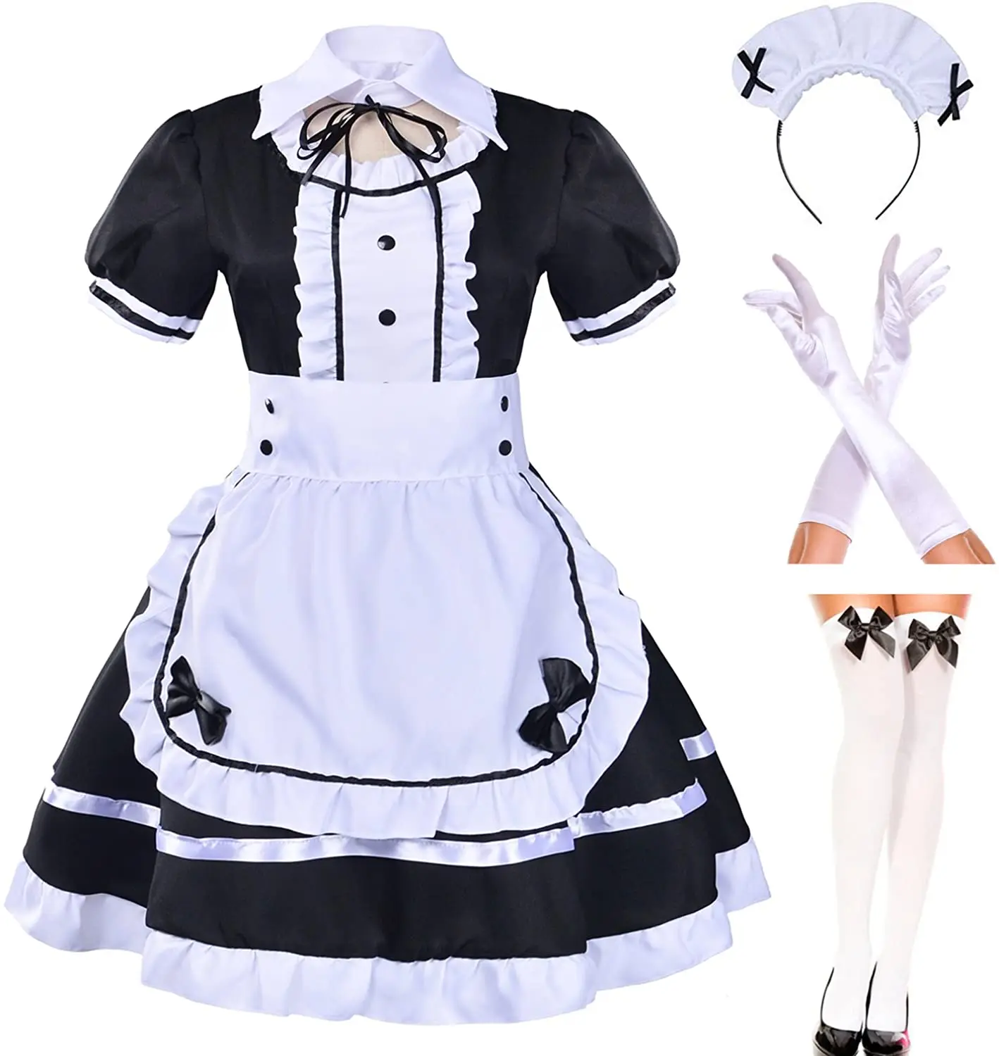 

2021 Japanese Anime Sissy Maid Dress Cosplay Sweet Classic Lolita Fancy Apron Maid Dress with Socks Gloves Set for Women Girls