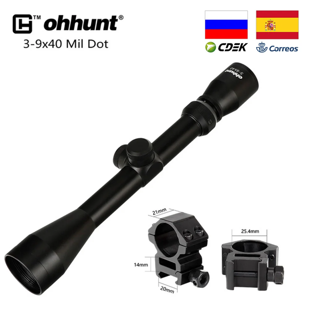 Тактический ohhunt 3-9X40 винтовочный оптический прицел Дальномер или Mil точка сетка арбалет пневматические пистолеты Охотничья винтовка прицел с кольцами крепления - Цвет: with Picatinny Rings