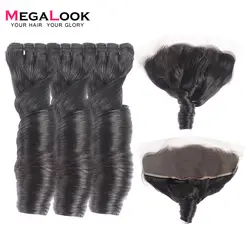 Megalook синтетические волосы на кружеве синтетическое закрытие волос с пучками бразильский весна Curl Remy натуральные волосы 3 Связки 13X4 беспл