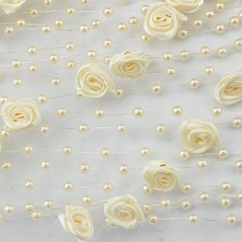 

30M Beautiful Satin Rose Flowers Fishing Line Pearl Spray Beads Garland Wedding Tree Table Decoration Crafting DIY Accessories