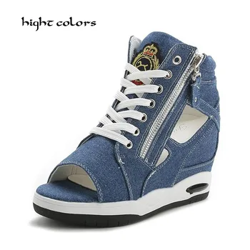 

Hot Women Denim Riding Ankle Boots Open Toe Transparent Block Wedge Height Increasing High Heel Gladiator Summer Shoes BB-11