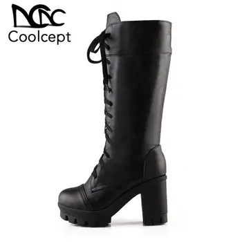 

Coolcept Brand New Mid Calf Boots Women Cross Strap High Heels Platform Shoes Women Casual Thick Heel Knight Footwear Size 34-43