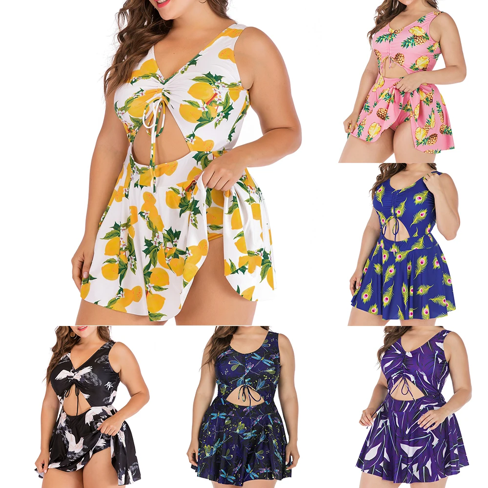 Plus Size Swimwear Women One-Piece Push Up Large Swimsuit Skirt Big Size Swimdress Swimming Suit Summer Tankini Dress 5XL