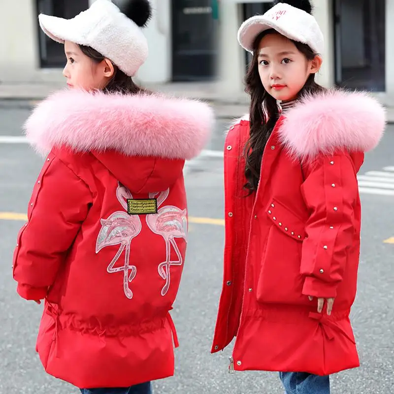 

Girl's Down Jacket Warm Flamingo embroidery Children Down Parkas Coats Natural Fur Kids Teenager Thick Outerwear For Cold Winter