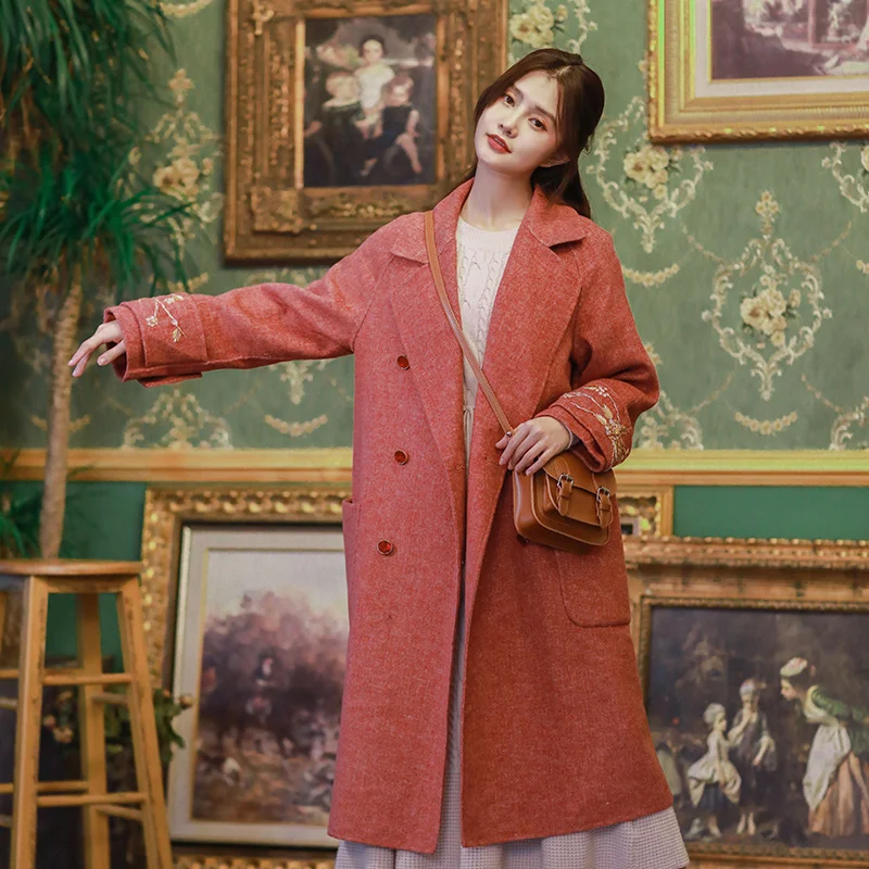 

Women Autumn Winter Elegant Carmine Warm Double-Faced Wool Coat Ladies Sweet Casual Loose Handmade Beading Long Woolen Jacket