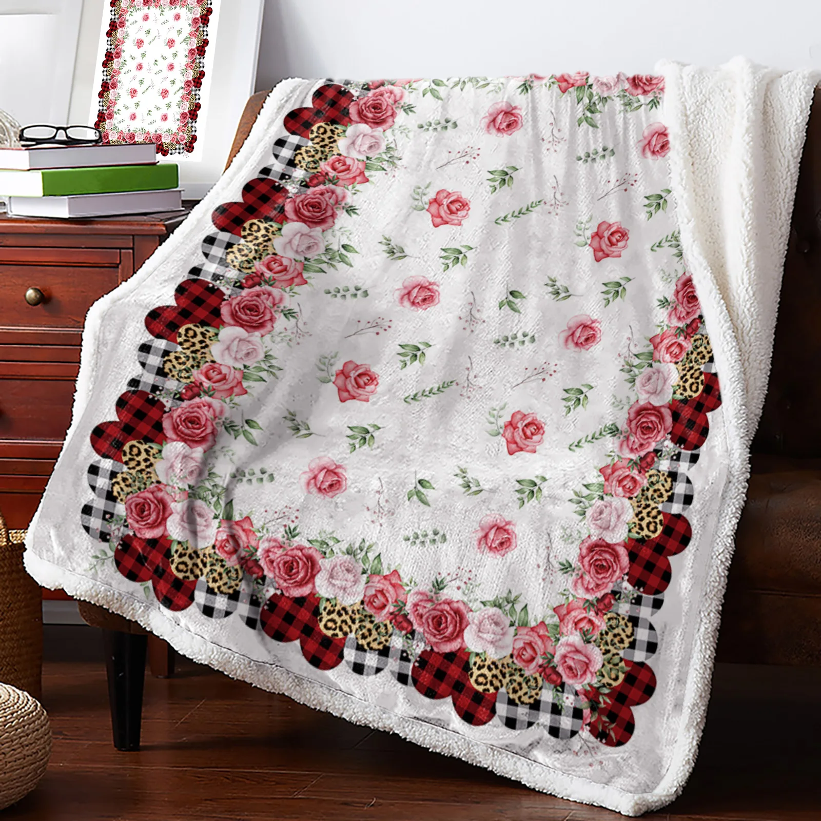 Winter Cashmere Blanket Valentine'S Day Leopard Print Love Roses Lamb