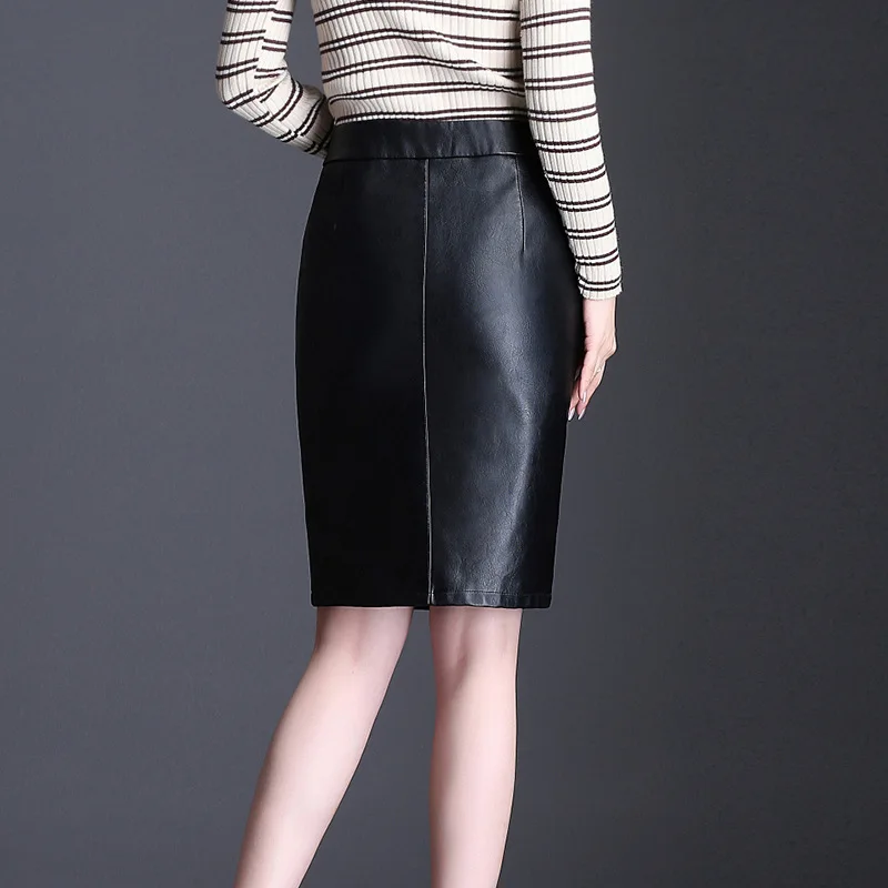 Fall Winter Skirts Women New Knee-Length PU Leather Skirt Plus Size 4XL 5XL Package Hip Black Skirt Female