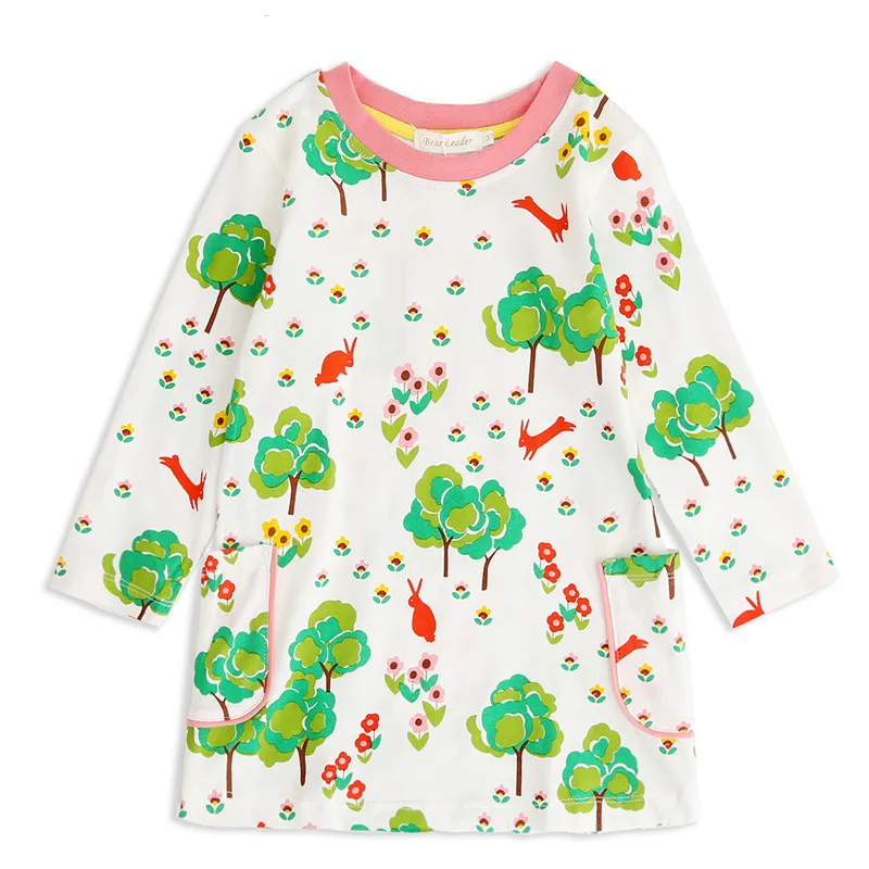 

MERI AMMI Children Girl Long Tee Style Dress Cartoon Trees Ships Prints For 2-10 Year Baby Kids
