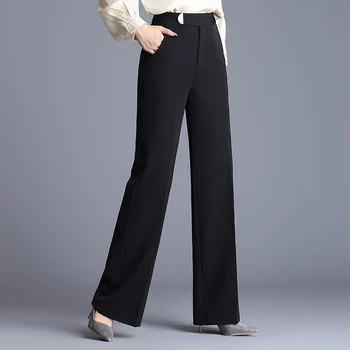 

Office Lady Formal Straight Pants Spring and Autumn Women High Waist Black Trousers Pockets S-4XL Plus Size Pant