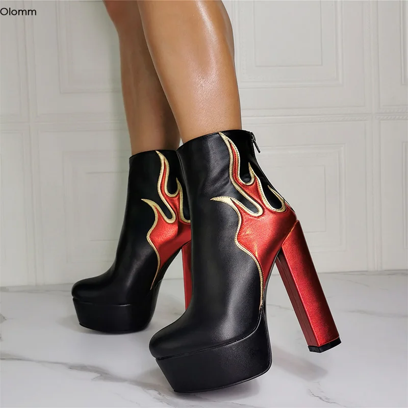 

Olomm Women Platform Ankle Boots Flame Design Square High Heels Round Toe Gorgeous 7 Colors Party Shoes Women Plus US Size 5-15