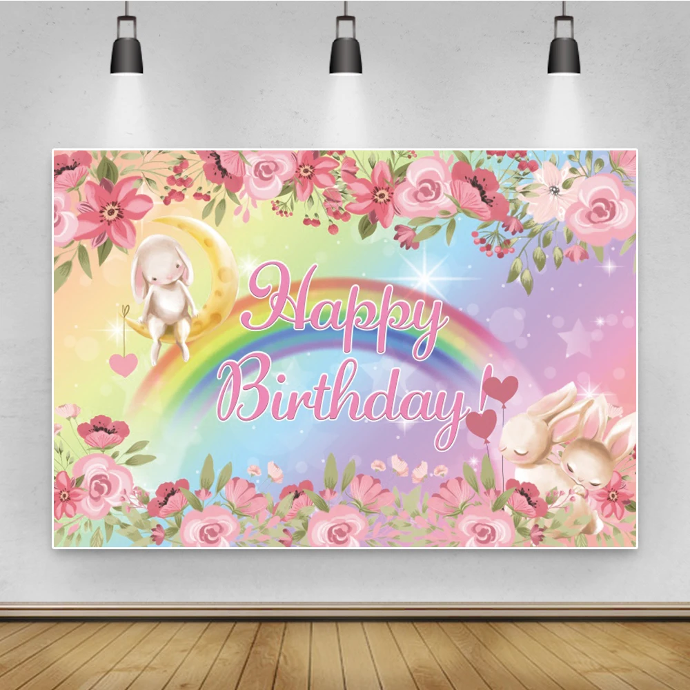 

Laeacco Rabbit Spring Flowers Happy Birthday Party Decor Poster Banners Photo Backdrop Backgrounds For Photograph Photo Studio