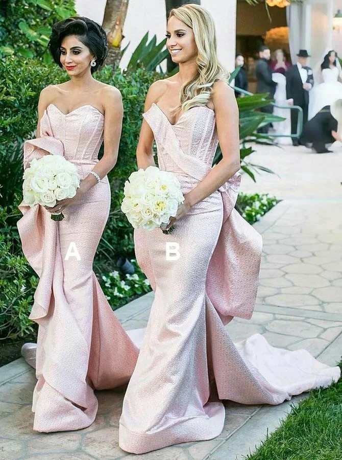Elegant Long Bridesmaid Dresses Mermaid Sweetheart Long Pink Satin Bridesmaid Dress with Ruffles