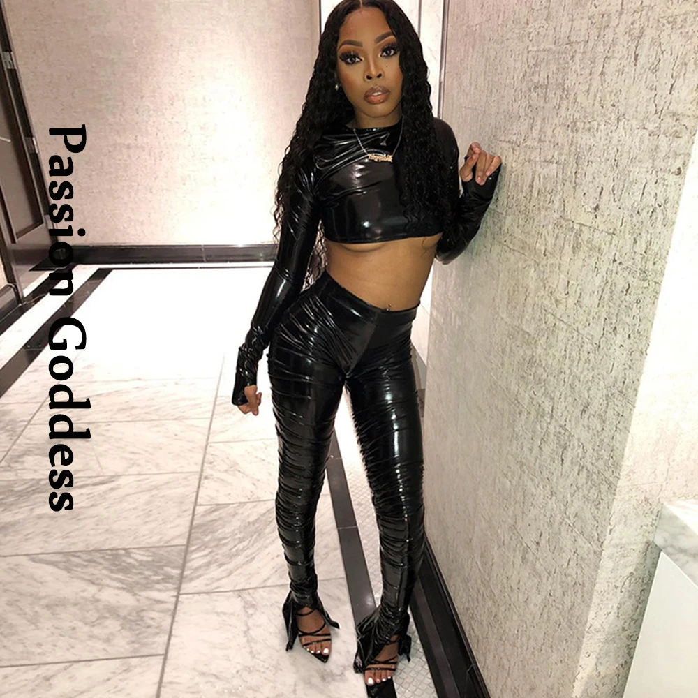 Summer Outfits Women Pu Leather 2 Two Piece Sets Short Sleeve V Neck Crop  Tops and Skinny Black Pants Matching Suits 2023