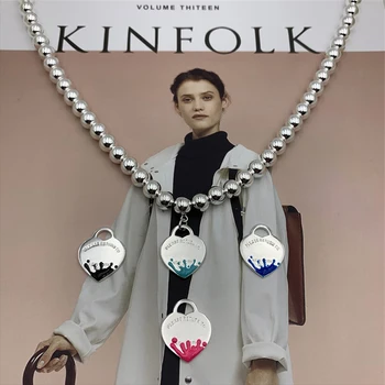 

Women Necklace 8mm Round bead Heart-shaped Water droplets Enamel Pendant accessories Sterling silver S925 Jewelry Valentine gift
