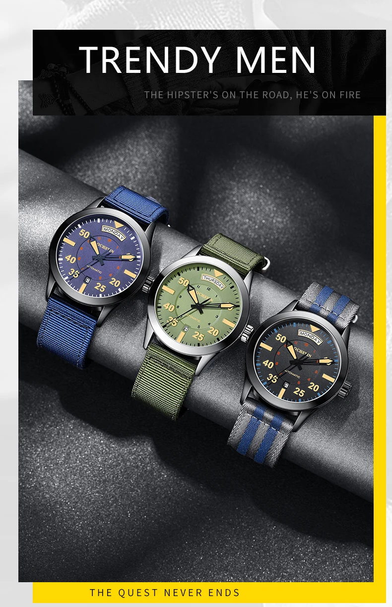 OCHSTIN Automatic Mechanical Wrist Watch for Men Nylon Strap Watch Waterproof Military Outdoor Pilot Watches Mens 2023 Gift