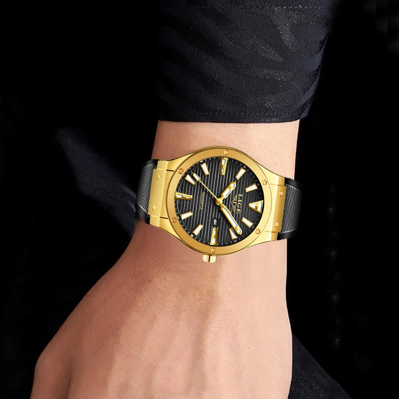 LIGE мужские часы с силиконовым ремешком, мужские военные спортивные часы, мужские водонепроницаемые часы из нержавеющей стали, золотые кварцевые часы, мужские часы