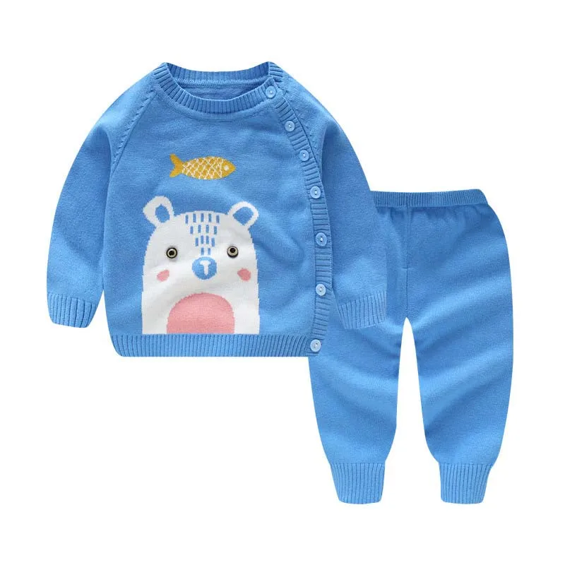 Осенне-зимний набор свитеров для новорожденных, свитер-кардиган с героями мультфильмов+ однотонные штаны, спортивная одежда, одежда для маленьких мальчиков и девочек, От 0 до 1 года - Цвет: Небесно-голубой