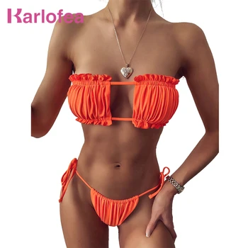 

Karlofea Summer Fashion Two Piece Bikini Set Sexy Micro Ruffle Frill Swimwear Sexy Push Up Cut Out Mejur Bathing Suit Beachwear