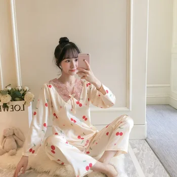 

Spring Autumn 2020 New Silk Long-sleeved Trousers Ladies Pajamas Set Long Pijamas Women Home Wear Sexy Lace Smooth Sleepwear Set