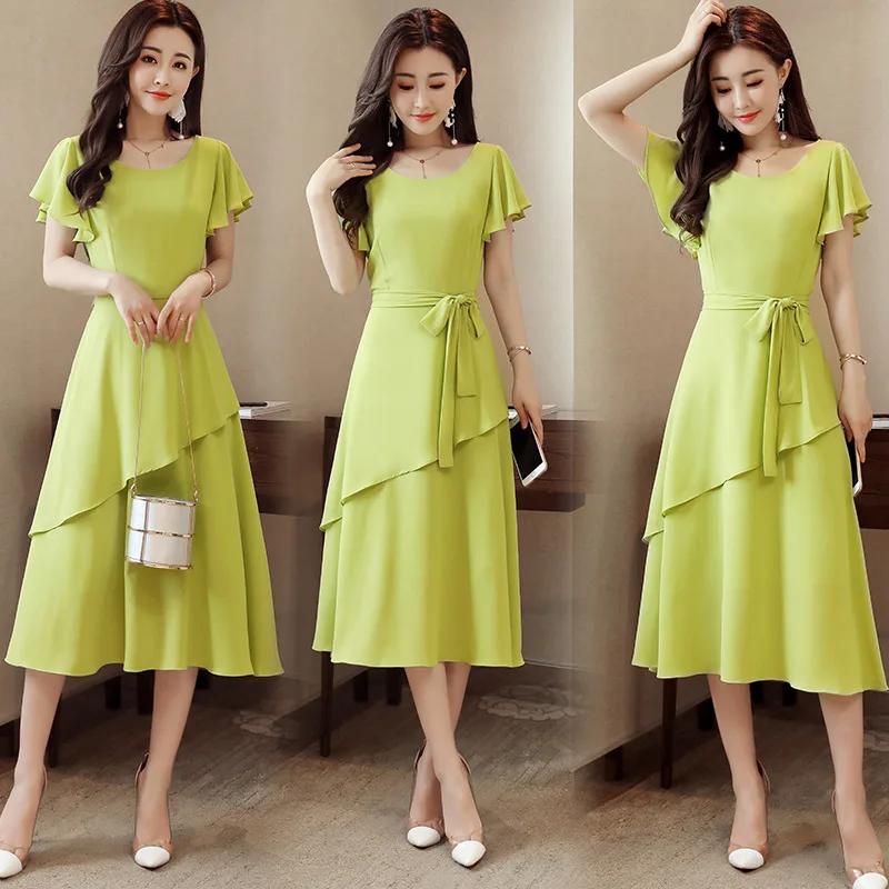 

Summer Solid Color Chiffon Dress Mid-length Large Size nv zhuang qun Female Summer New Style Elegant Retro over-the-Knee Long Sk