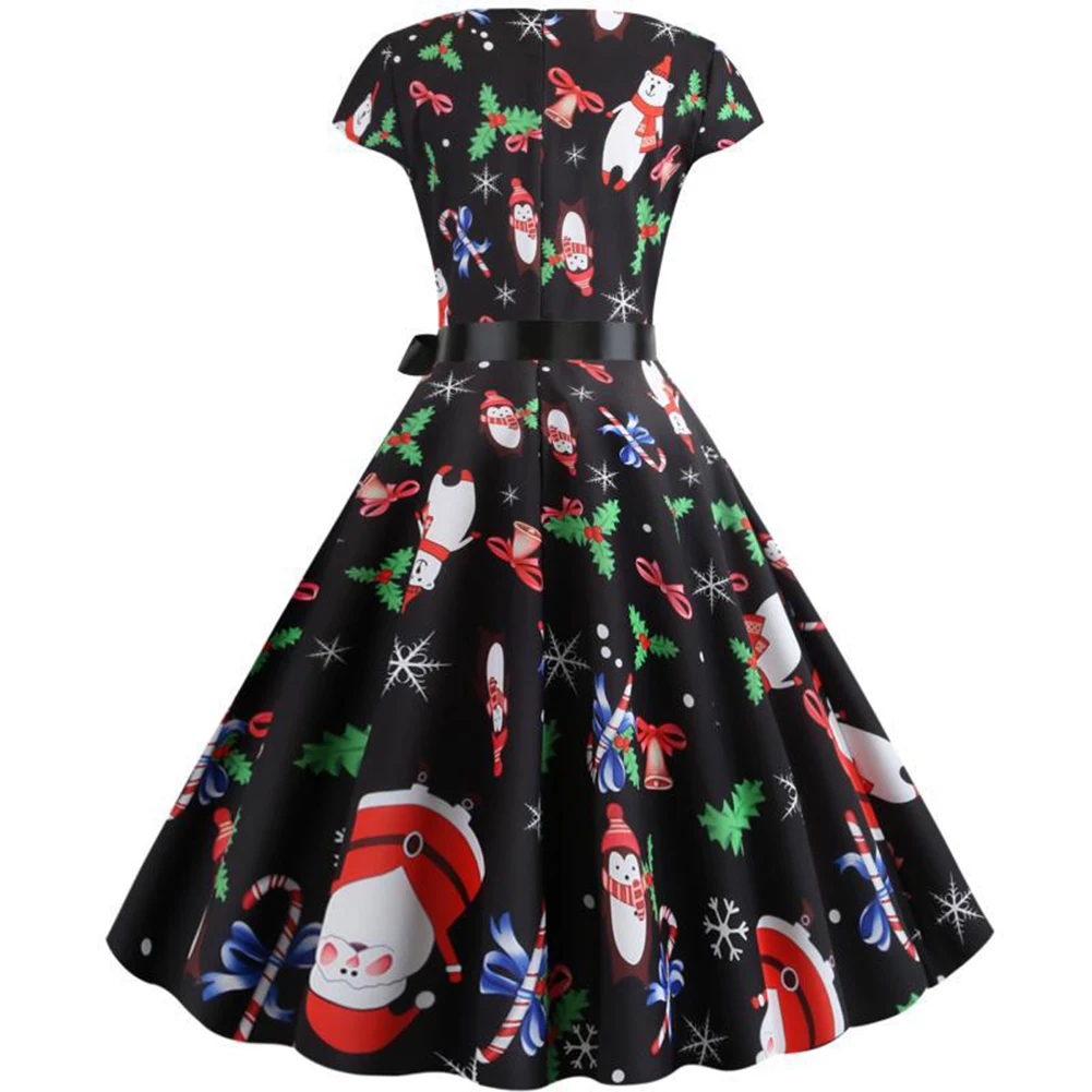 Kureas винтажное рождественское платье на Хэллоуин, женское платье с коротким рукавом, модное праздничное платье с принтом, ТРАПЕЦИЕВИДНОЕ Макси вязаное платье с поясом, вечерние платья