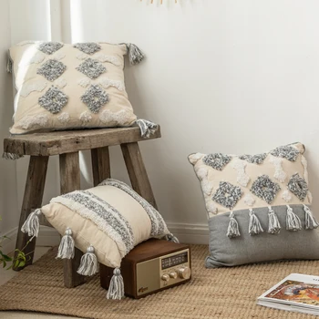 

LISM Moroccan Style Cushion Cover Tuft Tassels Handmade Neutral Decoration Pillow Cover For Sofa Bed Grey Ivory Diamo