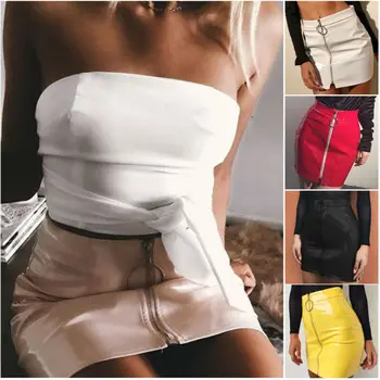 

2020 Women's Bandage PU Leather Skirt High Waist Pencil Bodycon Short Mini Skirt