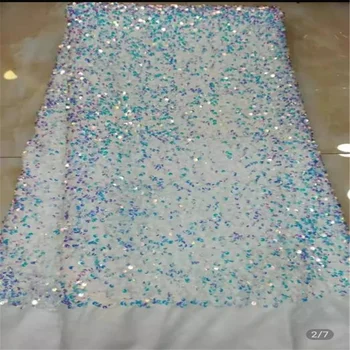 

2020 high quality French Nigerian sequins net lace,African tulle mesh sequence lace fabric for party dress 5yards/lot white