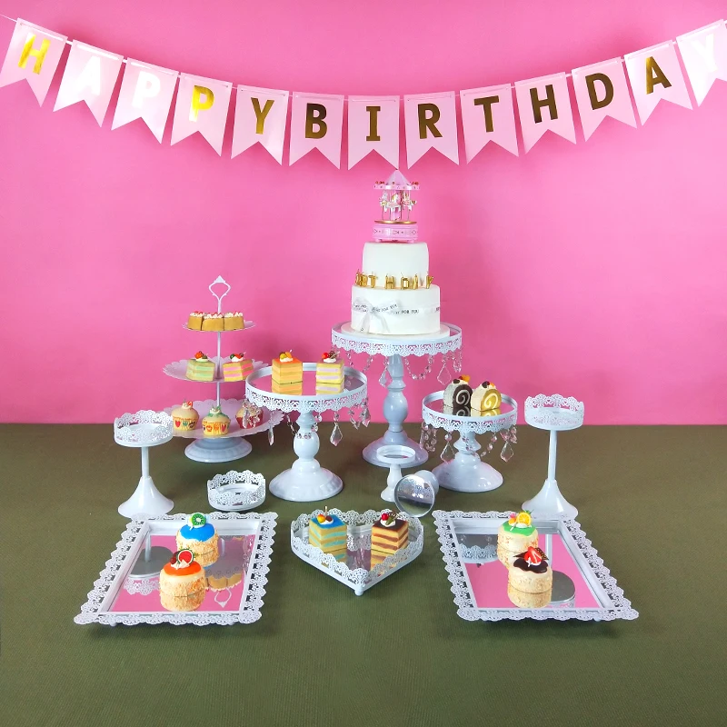 3-18pcs White Metal Cake Stand Set Mirror Crystal Cake Stands Dessert Display Wedding Cupcake Stand with Simple Design
