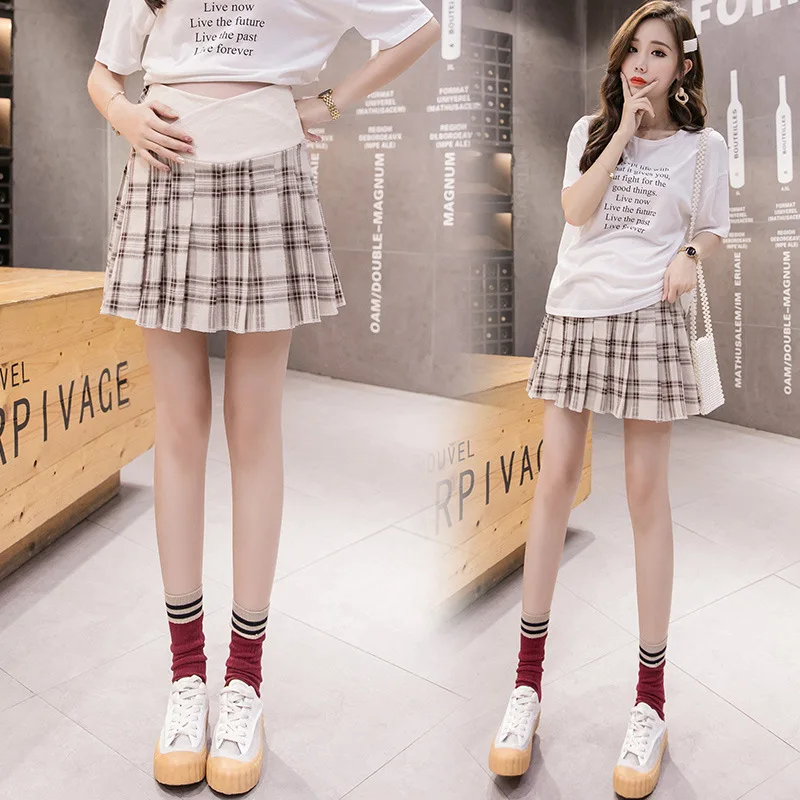 Retro Plaid Maternity Pleated Skirts Linen Low Waist Stomach Lift Pregnancy Mini Skirt Casual Clothes for Pregnant Women