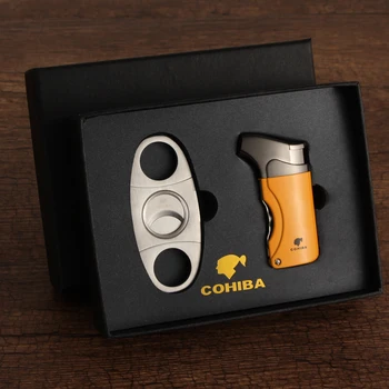 

COHIBA Cigar Lighter Windproof Refillable Gas 1 Jet Flame Torch Lighter Butane Stainless Steel Guillotine Cigar Cutter Set
