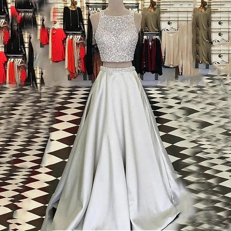 

Evening Dresses Long 2020 Shining Sequin Satin Two-piece A-line Evening Dresses With Beadings Party Elegant Vestido De Festa